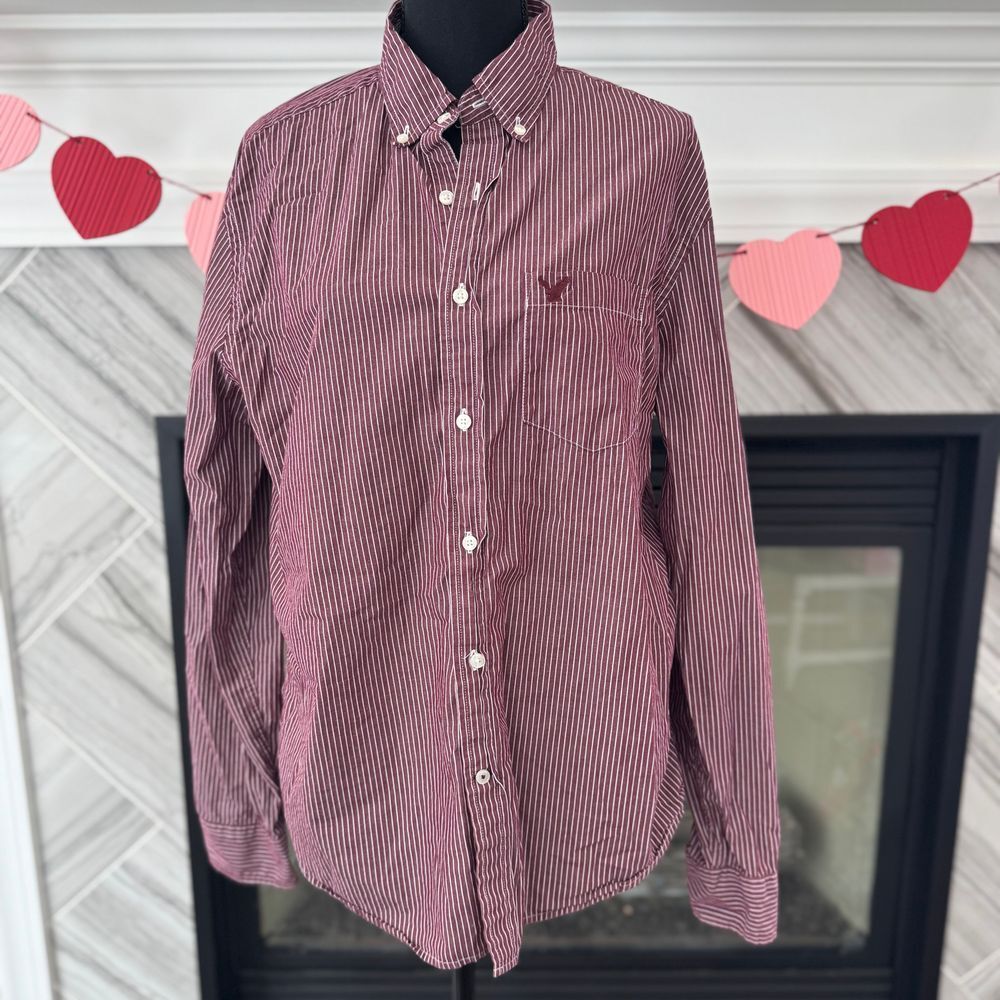 American Eagle Classic Fit Burgundy Striped Button-Down Shirt‎ L/G
